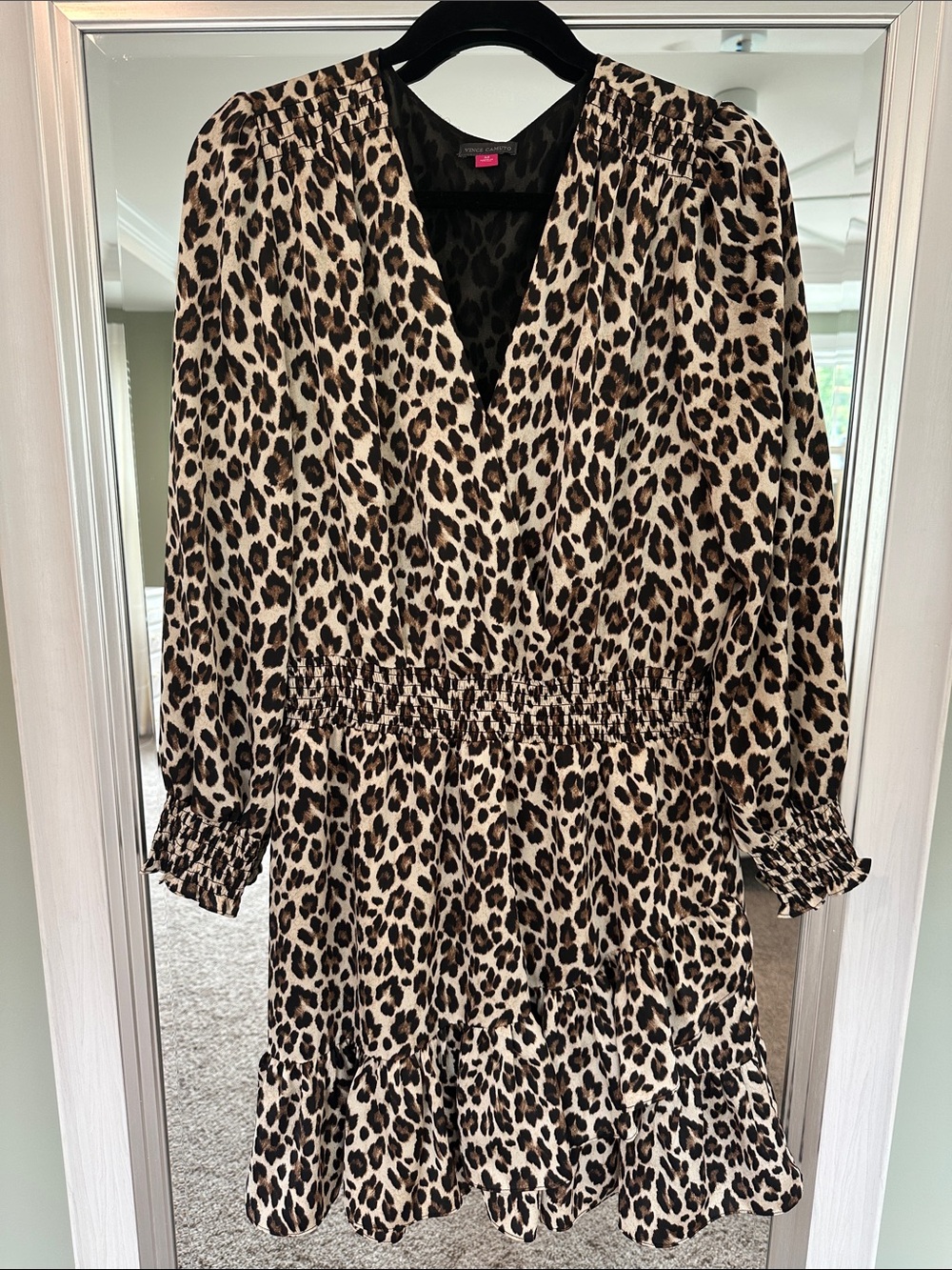 Vince Camuto Leopard Print V-Neck Dress in Black and Brown